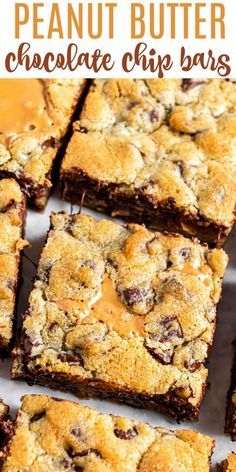 Peanut Butter Chocolate Chip Bars, Chocolate Chip Cookie Bar, Desserts Brownies, Peanut Butter Treats, Chip Recipes, Pan Cookies, Entertaining Food, Brownies Cookies, Chocolate Chip Bars