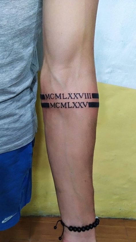 Roman Numeral Arm Band Tattoo, Birthday Tattoo Men, Arm Band Tattoos For Men, Haiti Tattoo, Tattoos Christian, Tattoo Bear, Stripe Tattoo, Birthdate Tattoo, Collar Bone Tattoo For Men