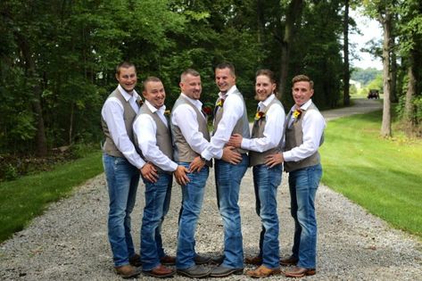 Rustic Glam Backyard Wedding on an $8K Budget Country Groom Attire, Blue Jean Wedding, Glam Backyard, Groom In Jeans, Father Of The Bride Attire, Rustic Groomsmen Attire, Casual Groom Attire, Jeans Wedding, Wedding Groomsmen Attire