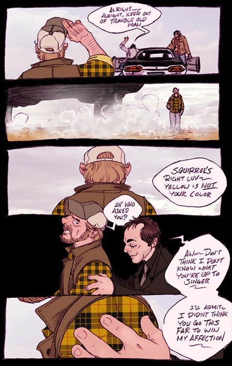 Crowley X Bobby, Crowley Spn, Supernatural Fanfiction, Supernatural Ships, Fantasy Tv Shows, Supernatural Comic, Supernatural Fan Art, Supernatural Art, Supernatural Pictures