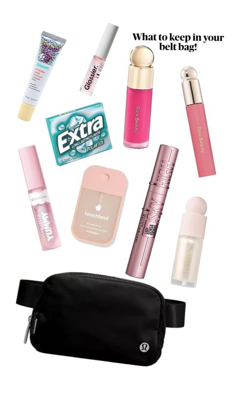 What to keep in your belt bag! #beltbag #lululemon #lulu #makeup #skincare #preppy #beauty Maybelline Gloss, Belt Bag Lululemon, Skincare Preppy, Lulu Bag, Lululemon Belt Bag, Lululemon Bags, Backpack Essentials, Bag For School, Purse Essentials