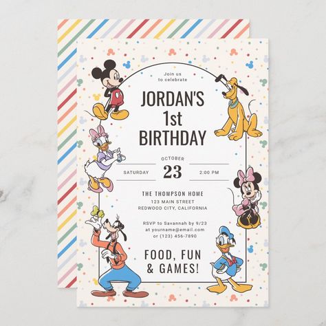 Disney's Mickey & Friends Character Birthday Invitation Disneyland Birthday Invite, Minnie And Daisy Birthday Invitations, Disneyland Theme Invitation, Mickey And Minnie Themed Birthday Party, Disneyland Party Invitations, Disney Theme First Birthday Boy, Disney Third Birthday, Disney 1st Birthday Theme, Disney Castle Birthday Party