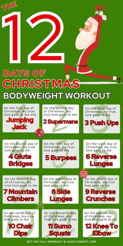 12 days of christmas workout illustration 12 Days Of Fitness Challenge, Christmas Themed Workouts, Christmas Workout Challenge, 12 Days Of Christmas Workout, Christmas Workouts, Christmas Exercise, Holiday Fitness Challenge, Crossfit Funny, Themed Workouts