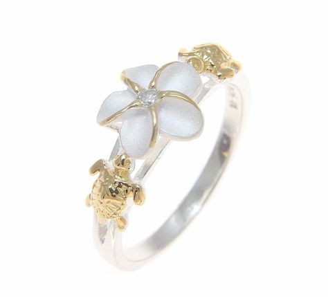 PRICES MAY VARY. Flower size: 10mm (approx 3/8 inch) in diameter Petal: brush finish Turtle size: 1/4 inch wide and 5/16 inch long Weight: approx 2.6 grams Stone: Cubic Zirconia (CZ) Stamp: 925 Free Jewelry Gift Box Included Sterling silver 925 Hawaiian plumeria flower cz turtle ring 2 tone yellow gold plated size 4 Turtle Ring, Hawaiian Plumeria, Jewelry Accessories Ideas, Funky Jewelry, Jewelry Lookbook, Dream Jewelry, Pretty Jewellery, Free Jewelry, Cute Jewelry