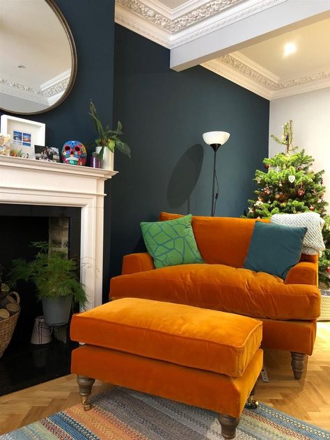 Ball Inspiration, Orange Couch, Snug Room, Hague Blue, Victorian Living Room, Dark Living Rooms, Orange Chair, Living Room Orange, Cosy Living