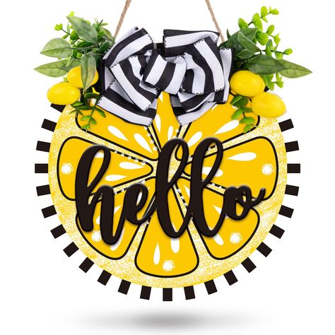 PRICES MAY VARY. Unique Design - 1pcs wooden sign are included in the package, taking lemon slice pattern as background, printed with the words of 3D "hello", embellished with a white and black stripes bow, leaves and artificial lemons, rustic and delicate. With a hemp rope for hanging, very easy to use. Proper Size - The wooden sign is about 30 x 30cm/12 x 12 inch, proper size for your front door, window, wall, etc., bring vitality into your home and party. Good Material - Made of durable wood, Fall Wooden Door Hangers, Painting Ideas Acrylic, Circle Signs, Mason Jar Door Hanger, Welcome Signs Front Door, Door Signs Diy, Summer Door Hanger, Wooden Door Signs, Farmhouse Wood Sign