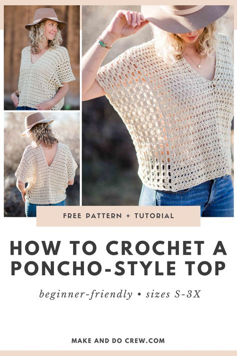 Summer Top Pattern, Crochet Poncho Free Pattern, Pull Crochet, Crochet Ladies Tops, Crochet Poncho Patterns, Crochet Tops Free Patterns, Crochet Summer Tops, Poncho Pattern, Poncho Style