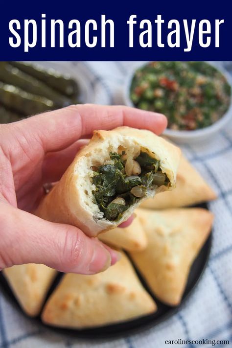 Spinach fatayer are a kind spinach hand pie with simple ingredients yet plenty of flavor. Fatayer can also have other fillings but this vegan version is particularly popular in Lebanon and I can completely understand why. Perfect as part of a mezze meal, as a snack or any excuse you like. Spinach Fatayer Recipe, Spinach Fatayer, Fatayer Recipe, Middle Eastern Recipes Arabic Food, Turkish Snacks, Chicory Recipe, Spinach Pie, Hand Pie, Lebanese Recipes