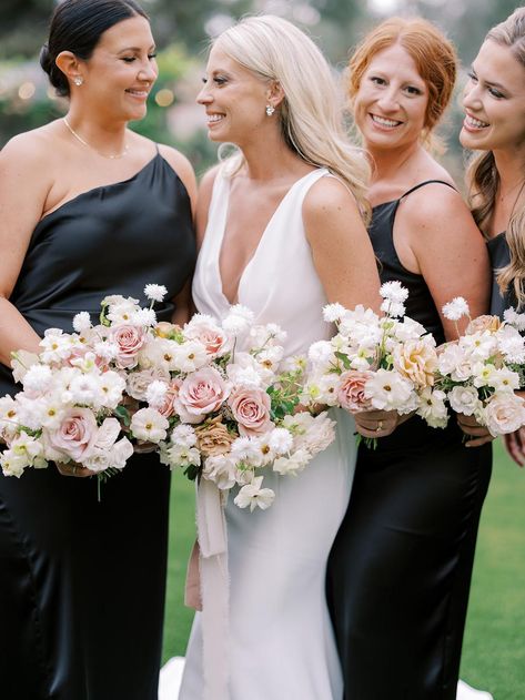 Black Dress With Bouquet, White Blush And Black Wedding, Black Bridesmaid Dresses With Pastel Flowers, Black Bridesmaid Dresses Spring Wedding, Flowers To Go With Black Bridesmaid Dresses, Wedding Flowers For Black Dresses, Black White Spring Wedding, Bridesmaid Bouquet Black Dress, Black White And Blush Bouquet