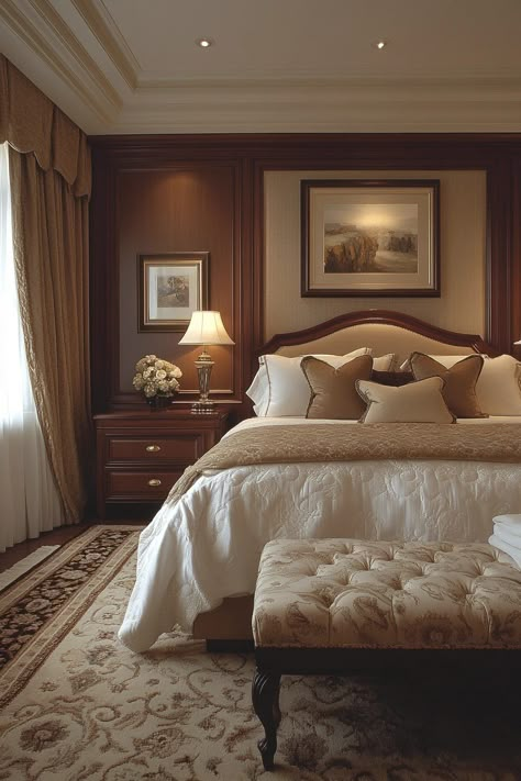 29 Transitional Bedroom Ideas for a Chic Space 24 Most Beautiful Bedrooms Luxury, Contemporary And Traditional House, Tradition Interior Design, Classical Bed Design, Warm Transitional Bedroom, Classic Master Bedrooms Decor, Modern Classic Interior Bedroom, Traditional Interior Design Bedroom, Classic Room Bedroom