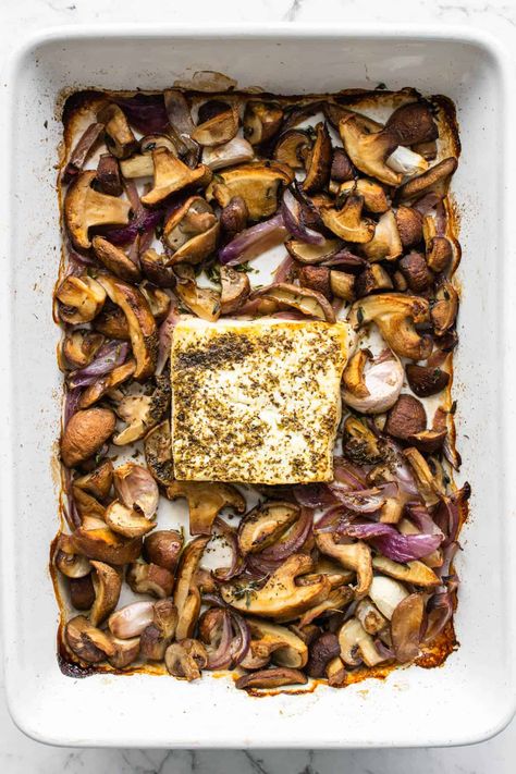 This Baked Feta Pasta with Mushrooms recipe is simple to make and creates the perfect sauce for a sweet, salty creamy pasta. Mushroom And Feta Recipes, Mushroom Feta Pasta, Feta Sauce Pasta, Block Feta Recipes, Feta Ideas, Feta Pasta Bake, Baked Feta Recipe, Pasta With Mushrooms, Baked Feta Pasta