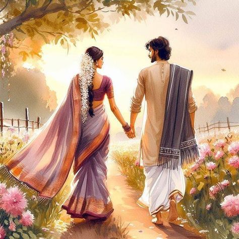 South Indian Couple Illustration, Indian Couple Painting, Couples Sketch, South Indian Engagement, Couples Illustration, Editing Assets, Painting Love Couple, Marriage Poses, Couple Illustration Wedding