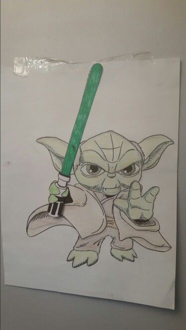 Pin the light saver on Yoda. Thank you Joshua for the drawing. Lightsaber Sketch, Yoda Line Drawing, Pin The Lightsaber On Yoda Printable, Star Wars Color Pencil Drawings, Starwars Lineart, Star Wars Birthday Party, Star Wars Birthday, The Light, Star Wars