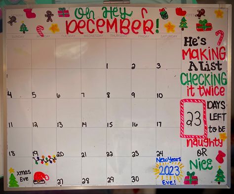 Christmas White Board Calendar, Whiteboard Christmas Countdown, December Calendar Doodles, Christmas Whiteboard Calendar Ideas, December Calendar 2023 Whiteboard, December Dry Erase Calendar Ideas, Calender Decorating Ideas, December Whiteboard Ideas, December Whiteboard Calendar