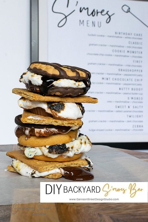 DIY Backyard S'mores Bar Diy Smore Station, Indoor Smores Bar Diy, S’more Bar Ideas, Smores Buffet Bar Ideas, Smores Station For Party, S’mores Bar Ideas, S’mores Station, Fancy Smores, S’mores Bar