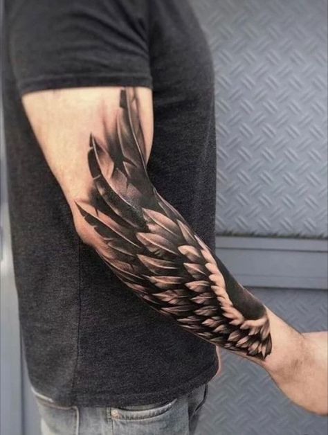 Angel Wings Tattoo Forearm, Forearm Wing Tattoo, Angle Wing Tattoos, Arm Tattoos For Guys Forearm, Wing Tattoo Men, Wrap Around Tattoo, Crazy Tattoos, Ancient Tattoo, Skull Sleeve Tattoos