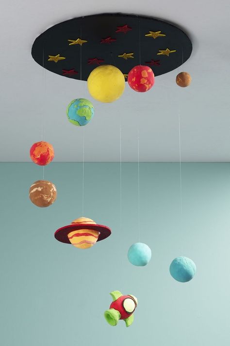 Solar System Styrofoam Balls, Diy Planet Mobile, Styrofoam Planets Diy, Paper Mache Solar System, Clay Planets, Paper Mache Planets, Solar System Hanging, Hanging Solar System, Planets Model