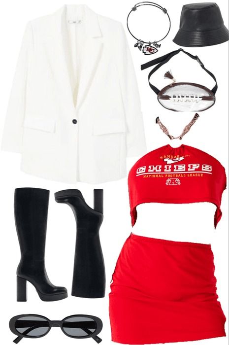 chiefs game outfit Outfit | ShopLook Chiefs Football Outfit Women, Chiefs Jersey Outfits, Cute Chiefs Outfits, Super Bowl Outfits For Women Chiefs, Womens Chiefs Outfit, Gameday Fashion, Chiefs Game, Nfl Outfits, Modern Fall