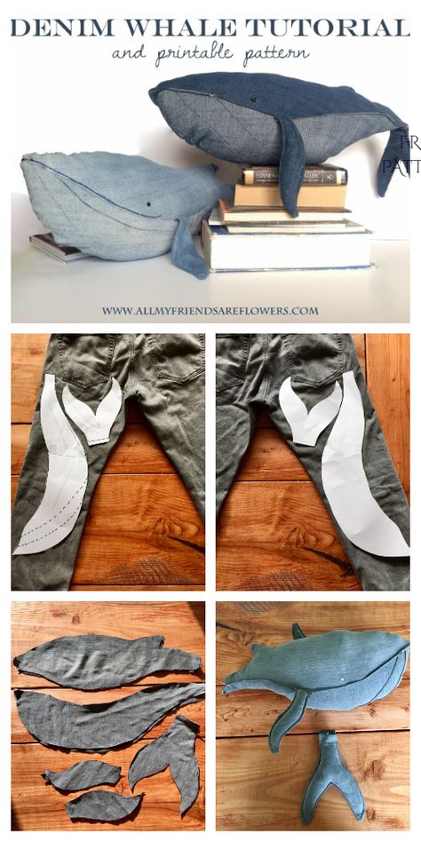 DIY Recycled Demin Jean Whale Plush Free Sew Patterns | Fabric Art DIY Recycler Diy, Återvinna Jeans, Fabric Art Diy, Whale Plush, Sew Patterns, Boho Mode, Folded Fabric Ornaments, Sewing Projects Clothes, Patterns Fabric