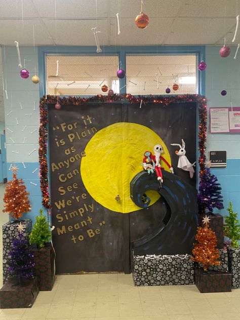 Nightmare Before Christmas Class Door, Halloween Door Decorations Classroom Nightmare Before Christmas, Door Decorating Contest Christmas Office Nightmare Before Christmas, Halloween Door Nightmare Before Christmas, Nightmare Before Christmas Holiday Tree Doors, Christmas Tree Decorations Ribbon, Door Decorations Classroom Christmas, Christmas Door Decorating Contest, Christmas Classroom Door