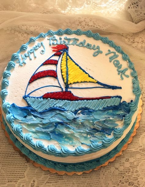 Buttercream Sailboat Cake - Mueller's Bakery Sailing Boat Cake Ideas, Sailboat Cake Ideas, Sailboat Birthday Cake, Boat Cakes For Boys, Boat Birthday Cake, Sail Boat Cake, Sailing Birthday, Sailboat Cake, Birthday Cake For Father