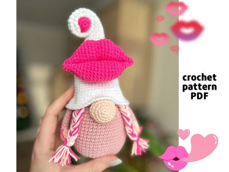 Valentine Crochet Patterns, Crochet Gnome Hat, Crochet Kiss, Valentine Crochet, Crochet Valentine Patterns, Crochet Gnome, Large Lips, Gnome Pattern, Valentine Gnome