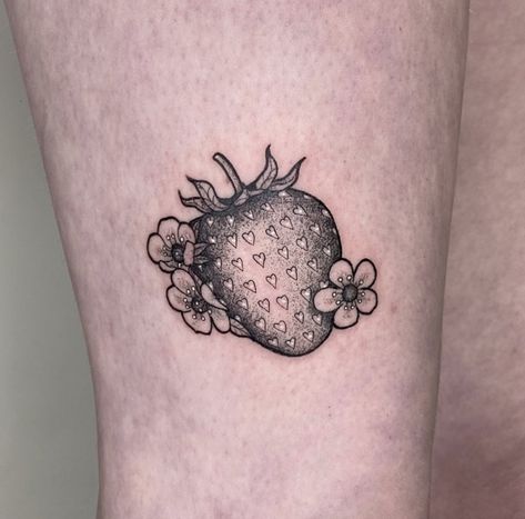 Traditional Strawberry Tattoo Black, Strawberry Tattoo Black And White, Strawberry Heart Tattoo, Fruit Tattoos, Seed Tattoo, Strawberry Tattoo, Fruit Tattoo, Turtle Tattoo Designs, White Tattoos