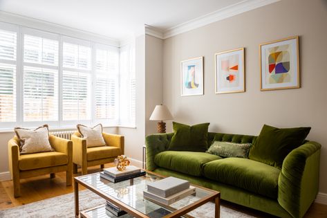 Sofa Yellow, Green Sofa Living Room, London Living Room, Yellow Armchair, Room London, Yellow Chair, Pink Living Room, Transitional Living, Green Sofa