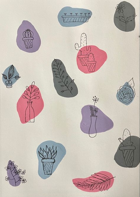 Colour Block Drawing, Watercolor Blob Art, Blob Doodles, Nature Doodles, Doodle Journal, Cactus Leaves, Doodle Paint, Bond Paper Design, Bond Paper