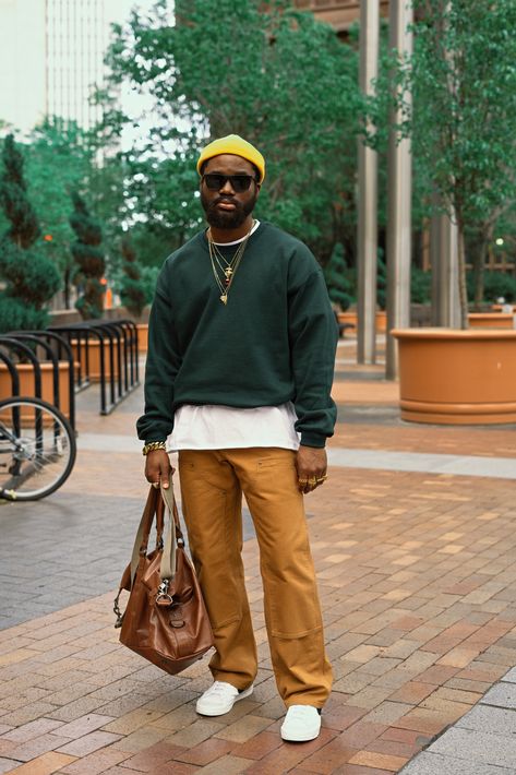 Pants, color palette. I like the hat & sunglasses combo Streetwear Fashion Neutral Colors, Urban Street Style Male, Street Style Color Palette, Color Palette Outfit Men, Male Color Palette, Streetwear Color Palette, Colorful Male Outfits, Sunglasses Mens Outfit, Bucket Hat Outfit Mens Streetwear