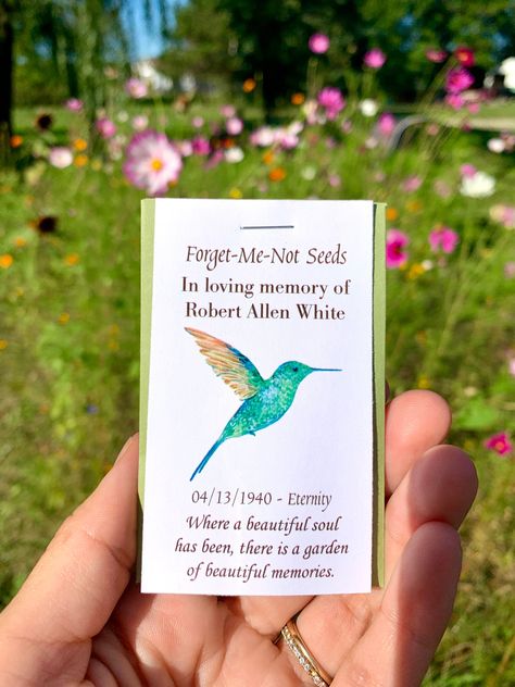 Hummingbird Memorial Seed Packets Green Forget Me Not Seeds - Etsy Memorial Seed Packets, Hummingbird Memorial, Green Hummingbird, Forget Me Not Seeds, Memorial Favors, Seed Packaging, In Memory Of Dad, Wildflower Seeds, Seed Packets