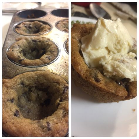 Cookie Bowls filled with ice cream. Cookie Bowls, Food Inspired, Yummy Foods, Just Desserts, Delicious Desserts, Muffins, Food And Drink, Ice Cream, Pie