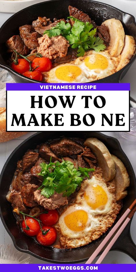 Bo ne, or Vietnamese steak and eggs, is a delicious Vietnamese breakfast dish that showcases a delicious fusion of Vietnamese and French flavors. This one pan recipe is great when you're savoring a comforting breakfast recipe. Viet Namese Recipes, Bo Ne Vietnamese Recipe, Vietnamese Breakfast Recipes, Authentic Vietnamese Recipes, Vietnamese Recipes Authentic, Vietnamese Steak, Bo Ne, Breakfast Steak And Eggs, Vietnamese Breakfast