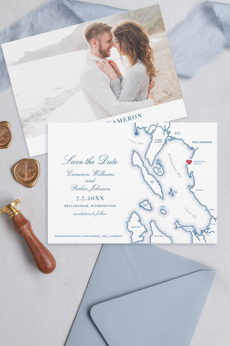 Sail into love with our navy blue Bellingham map-themed Save the Date cards, designed for a romantic celebration aboard the Schooner Zodiac sailboat. Crafted with elegance, this personalized photo save the date captures the nautical charm of your special day. Share the joy of tying the knot on the open sea with family and friends. Order now for a stylish keepsake that sets the course for your maritime-inspired wedding adventure. Embark on this unforgettable journey with a touch of sophistication Cape Cod Save The Date, Nautical Save The Date, Cheap Save The Dates, Sailboat Wedding, Map Wedding, Wedding Backyard Reception, Backyard Reception, Wedding Backyard, Wedding Adventure