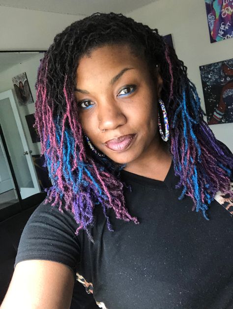 Ombre Sisterlocks, Blue And Purple Locs, Purple Sisterlocks, Ombre Hair Black Women, Purple Dreads, Colored Locs, Ombre Dreadlocks, Locs Journey, Celestial Aesthetic