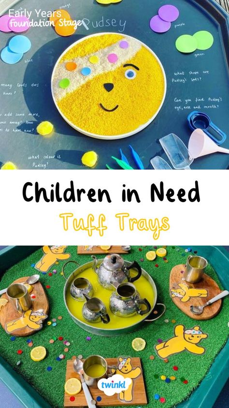 Children in need tuff tray ideas eyfs! Practice those fine motor skills or explore mathematics and get creative! Click on the pin for more children in need resources. Special thanks to @amys_childminding @dreamcatchers_parkgate All About Me Tuff Tray Ideas Eyfs, Tuff Tray Year 1, Eyfs Transport Activities, Pudsey Bear Activities Eyfs, Children In Need Activities Pudsey, Pudsey Activities, Winter Tuff Tray Ideas Eyfs, Children In Need Activities Eyfs, Preschool Tuff Tray Ideas