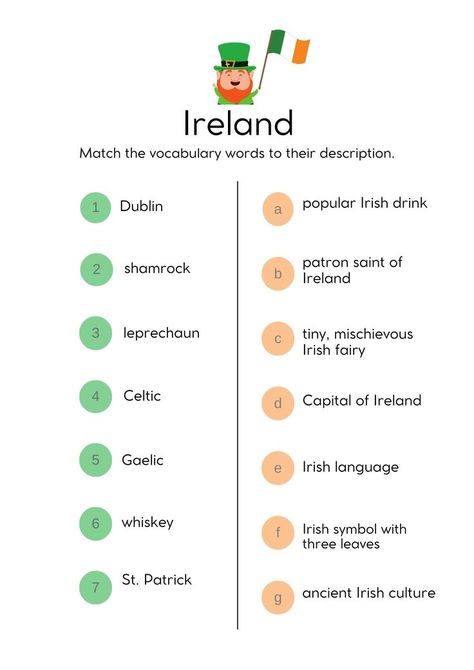 Here's a fun EFL worksheet to match words related to Ireland. Abc Order Worksheet, Spring Word Search, Snowman Writing, Spring Vocabulary, Teach English Online, Irish Drinks, Summer Worksheets, Irish Symbols, Creative Lesson Plans