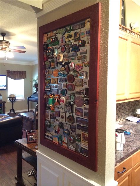 Our travel magnet board is up and it's full! Bought Sheet metal from a sheet metal company and then made a simple frame for it. Travel Magnet Display Ideas, Diy Display Case, Magnet Display, Travel Magnets, Magnet Frame, Souvenir Display, Sliding Door Lock, Glass Sliding Door, Collection Room