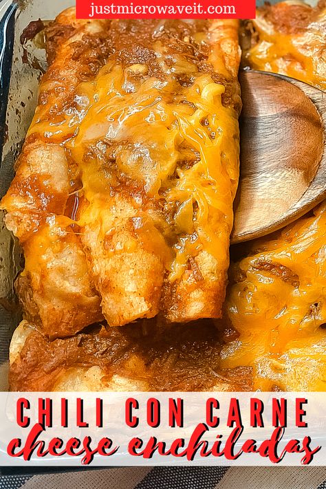 Make an entire pan of chili con carne cheese enchiladas for the whole family (or just yourself) right in the microwave in less than 10 minutes! #microwaverecipes #enchiladas #enchiladarecipes #texmexrecipes #cheeseenchiladas Chili For Enchiladas, Chilli Cheese Enchiladas, Cheese Enchiladas With Chili Con Carne, Chili Con Carne Enchiladas, Chili Cheese Enchiladas Easy, Microwave Enchiladas, Chilli Enchiladas, Red Chili Enchiladas, Cheese Enchiladas With Chili Gravy