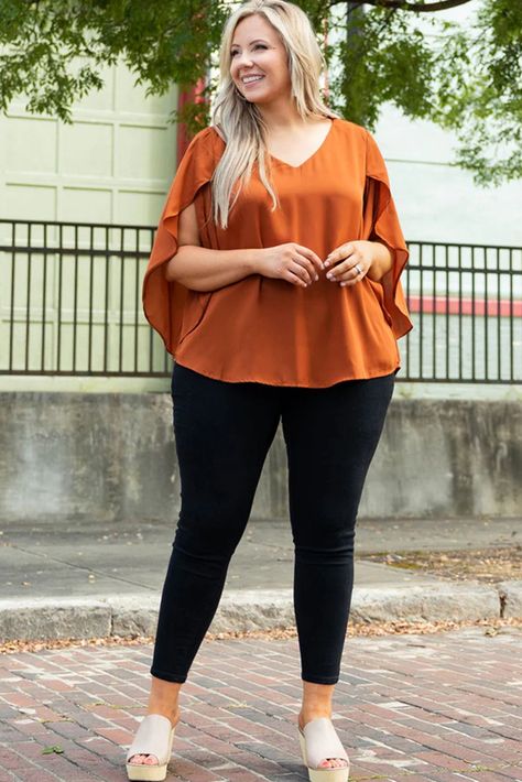 $4.97 Gold Flame Plus Size Solid Wrapped Ruffled Sleeve V Neck Blouse Wholesale September Plus Size Outfits, Preppy Plus Size Outfits, Date Night Plus Size Outfit, Round Body Shape Outfits, Plus Size Date Night Outfits Casual, Plus Size Everyday Outfits, Outfits For Plus Size Women, Plus Size Casual Outfits, Office Fits