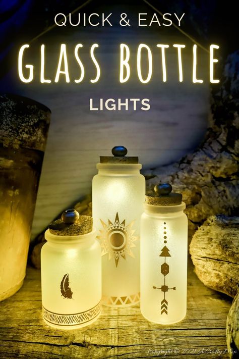 Diy Lamp From Glass Bottle, Bottle Lights Ideas, Bottle Lights Diy, Bottles With Lights Inside, Glass Bottle Lights, Frosted Glass Paint, Bottle Fairy Lights, Glass Spray Paint, Wine Bottle Bird Feeder