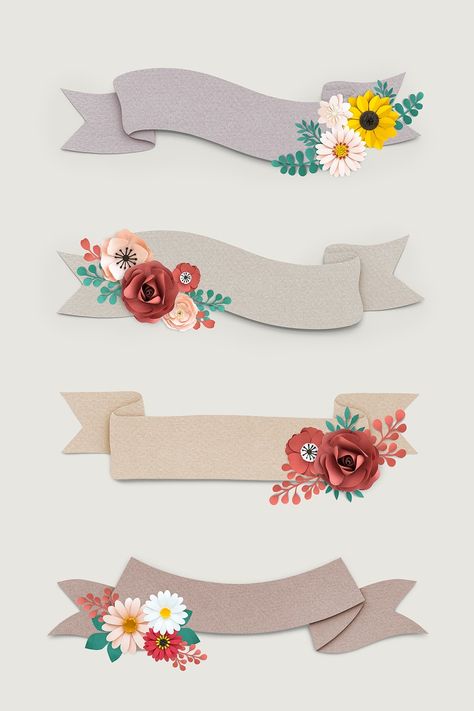 Floral banner design vector set | premium image by rawpixel.com / Minty Kartu Valentine, Page Borders Design, Floral Banners, Ribbon Banner, Floral Border Design, Floral Ribbon, Flower Background Wallpaper, Flower Graphic, Dessin Adorable