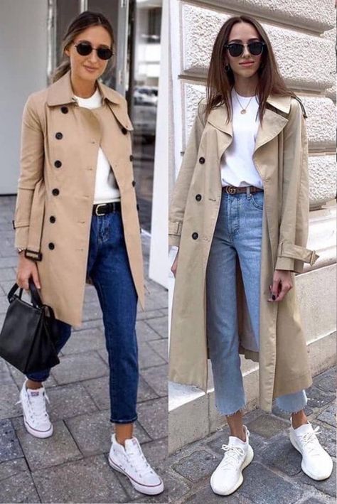 Outfit Zapatillas Blancas, Japan Autumn Outfit, Outfit Zapatillas, Outfits Con Jeans, Look Office, Outfits Jeans, Look Jean, Trench Coat Outfit, Look Formal