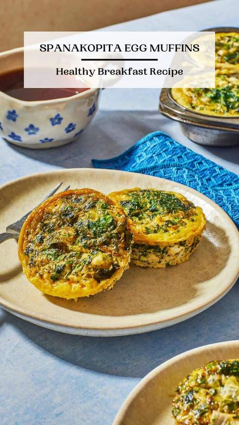 Spanakopita Egg Muffins - The Mediterranean Dish Egg Muffins Healthy, Healthy Breakfast Recipe, The Mediterranean Dish, Spinach Feta, A Healthy Breakfast, Egg Muffins, Mediterranean Dishes, Breakfast Recipe, Healthy Breakfast Recipes