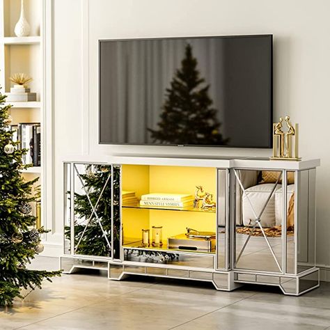 Amazon.com: IKIFLY Mirrored LED TV Stand for 65+ inch TV, Silver Barn Door Entertainment Center with LED Lights & Glass Shelves, TV Console Table with Drawer & 2 Storage Cabinets for Living Room : Home & Kitchen Mirrored Tv Console, Mirrored Tv Stand, Silver Tv Stand, Entertainment Shelves, Cabinets For Living Room, Mirror Tv Stand, Barn Door Entertainment Center, 65 Inch Tv, Glass Tv Stand