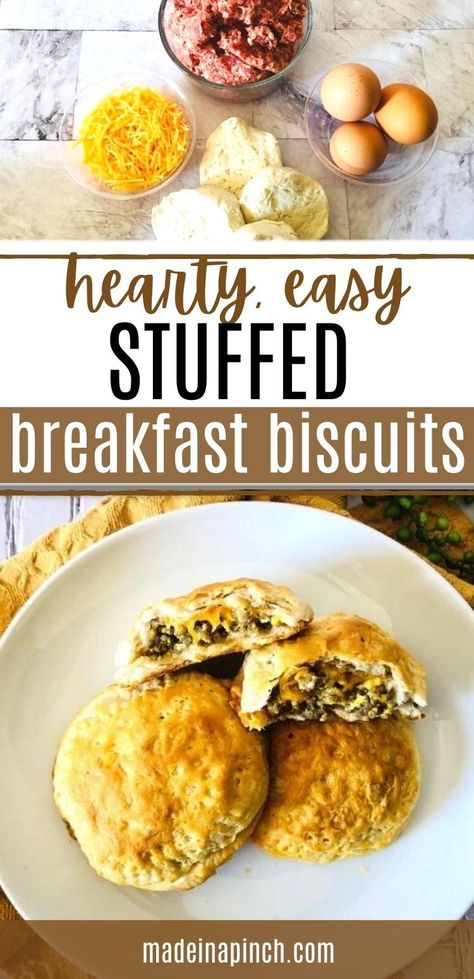 Grab-and-go Breakfast Bombs! Stuffed Breakfast Biscuits are filled with eggs, cheese, and sausage for a perfect make ahead breakfast for crazy mornings. This Stuffed Breakfast Biscuit recipe is a terrific portable lifesaver on busy morning! Give them a try today! #breakfast #biscuitrecipe #stuffedbiscuit Make Ahead Breakfast Biscuits, Canned Biscuit Recipes Breakfast Eggs, Sausage Biscuit Roll Ups, Stuffed Breakfast Biscuits, Stuffed Biscuits Breakfast, Breakfast Empanadas, Breakfast Biscuit Recipe, Stuffed Biscuits, Pork Sausage Recipes