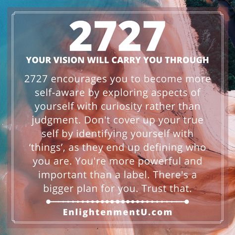 The meaning of 2727 Angel Number.

Seeing 2727 Angel Number encourages you to become more self-aware by exploring aspects of yourself with curiosity rather than judgment. Do not cover up your true self by labeling or identifying yourself by or with ‘things’, as they end up defining who you are. You are more powerful and important than a label or an object. There's a bigger plan for you. Trust that. 27 27 Angel Number, Angel Number 27 Meaning, 27 Angel Number Meaning, 27 Number Meaning, 27 Aesthetic Number, 27 Angel Number, Angel Number Love, Spiritual Numbers, Angels Numbers