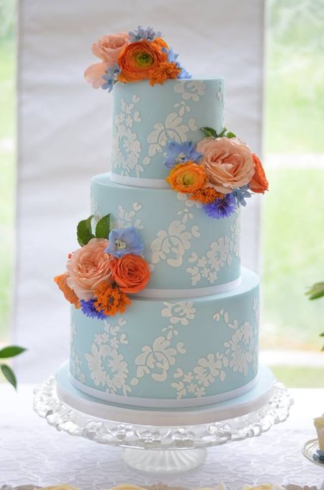 Wedding Cake Dusty Blue, June Wedding Colors, Blue And Orange Wedding, Blue Coral Weddings, Cornflower Blue Wedding, Blue Orange Weddings, Coral Wedding Cakes, Orange Wedding Cake, Blue Wedding Cake