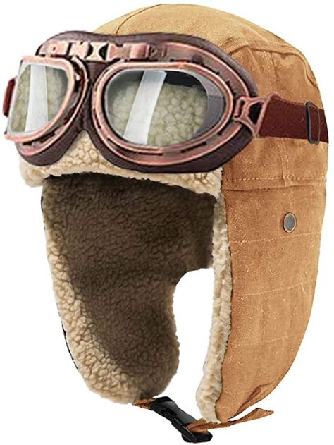 Amazon.com : Peicees Vintage Aviator Hat and Goggles Costume Accessories Winter Snowboard Fur Ear Flaps Trooper Trapper Pilot Cap Motorcycle Goggles for Men Women Kids Youth (Khaki Hat+Copper Frame/Clear Lens) : Clothing Amelia Earhart Costume, Aviator Costume, Hat With Goggles, Scarf Clothing, Goggles For Men, Vintage Helmet, Funky Hats, Výtvarné Reference, Aviator Hat