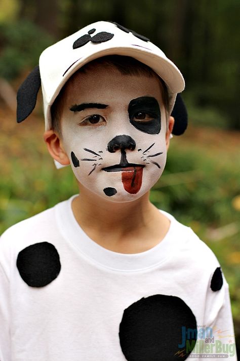 Puppy Dog Face Paint Easy, 101 Dalmations Costume For Kids Diy, Homemade Dalmatian Costume, Dalmatian Face Paint Kids, Dalmation Puppy Costume, Diy Puppy Costume For Kids, Diy Dalmation Costume Kids, Adult Dalmation Costume Diy, Dalmatian Face Paint